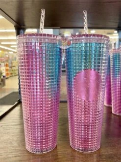 Starbucks USA - Summer 2021 - Disco Ombré Pink Teal Grid Cold Cup (24oz)