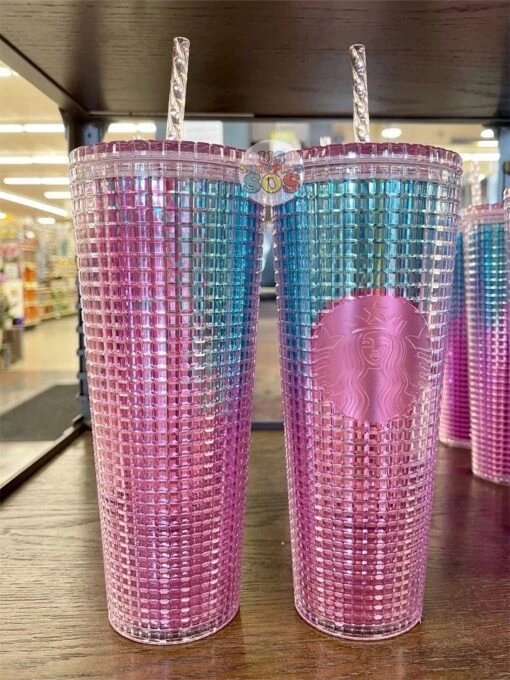 Starbucks USA - Summer 2021 - Disco Ombré Pink Teal Grid Cold Cup (24oz)